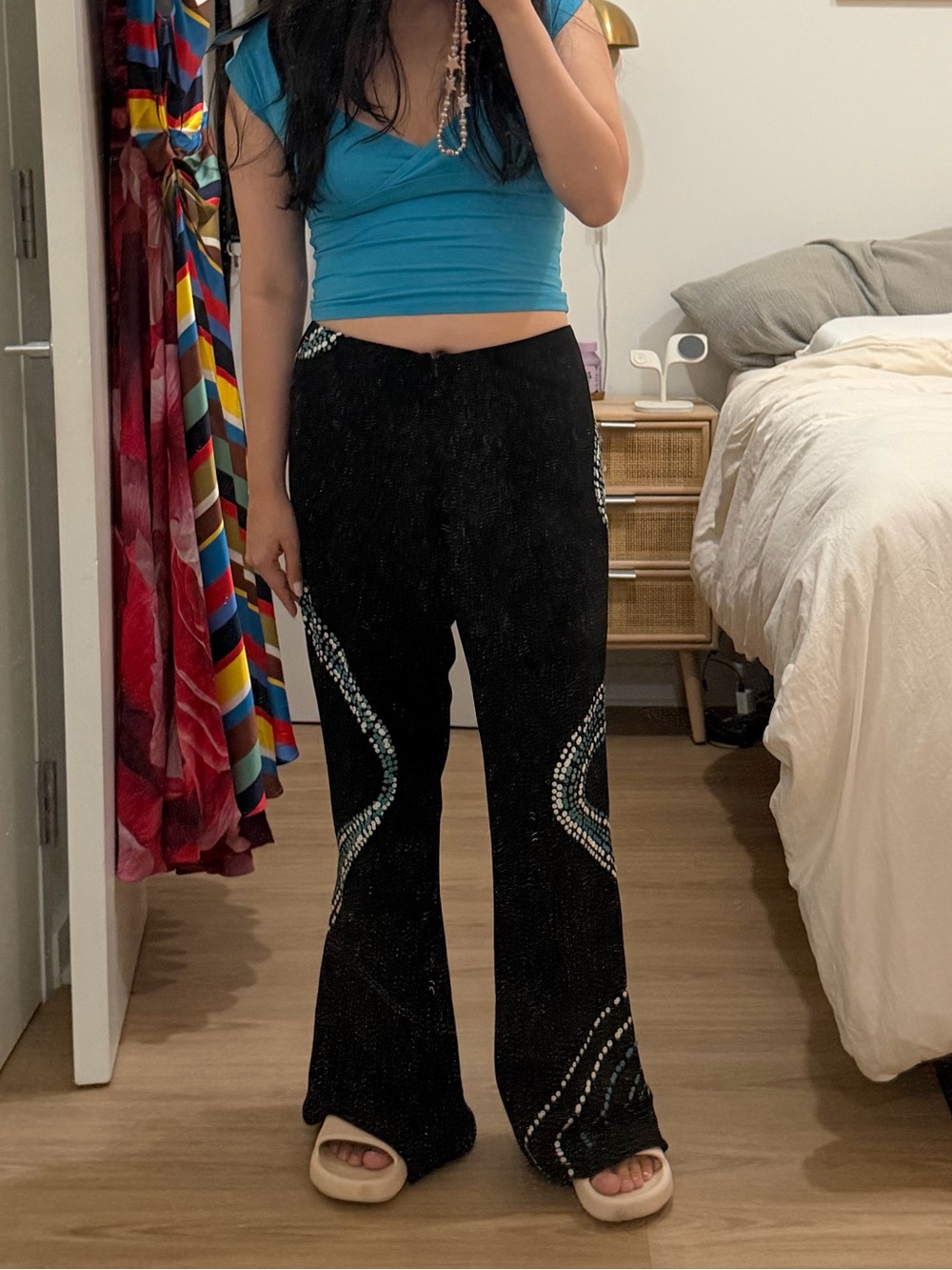 Cache Black Sequin Flared Pants with Teal Accent